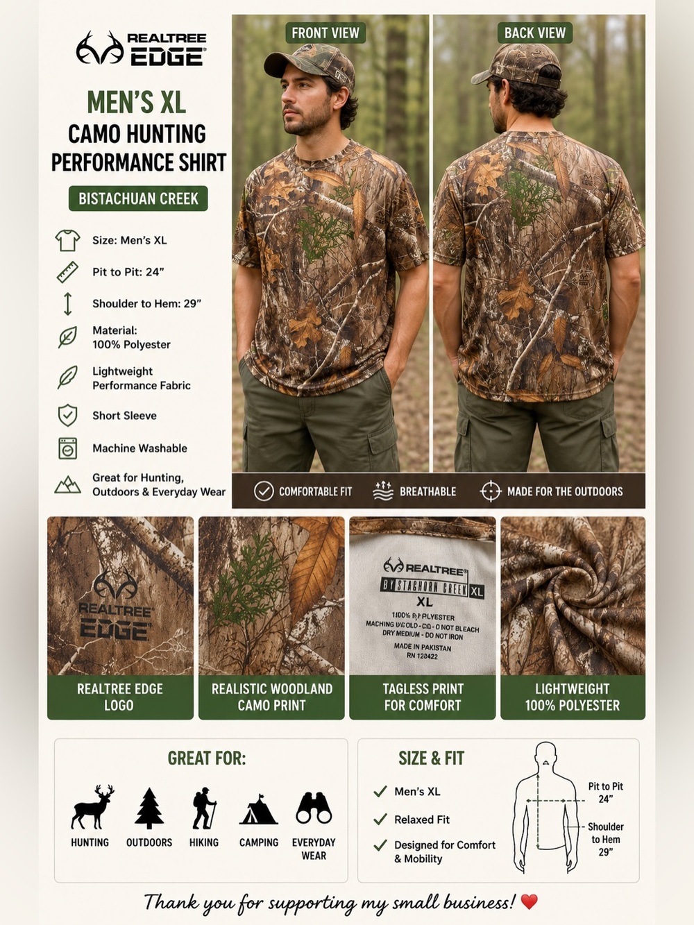 Realtree Edge Bistachuan Creek Men’s XL Camo Hunting Performance Shirt NWOT